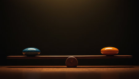 Wooden seesaw with two eggs on dark background. Balance concept.の素材