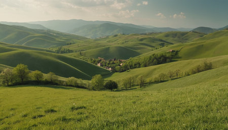 Tuscany landscape with green hills and village in Val d Orciaの素材