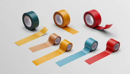 Rolls of red, yellow, green and blue adhesive tape on white backgroundの素材