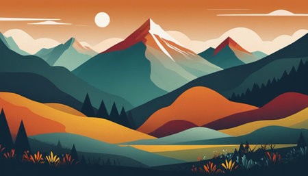Landscape with mountains, forest, hills and sunset. Vector illustrationの素材