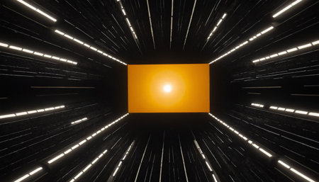 3D CG rendering of Sci-Fi tunnel with glowing orange lightの素材