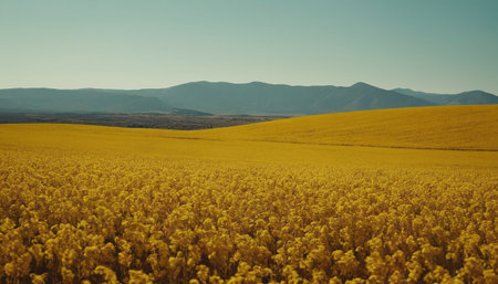 Aerial view of a yellow rape field with mountains in the backgroundの素材
