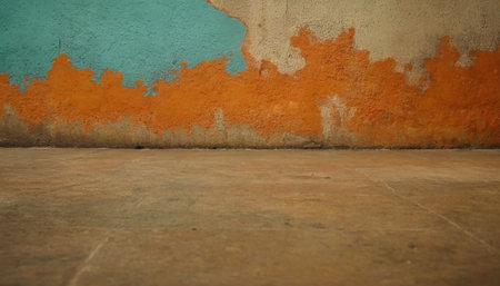 Old grunge wall with orange and blue paint. Abstract background.の素材
