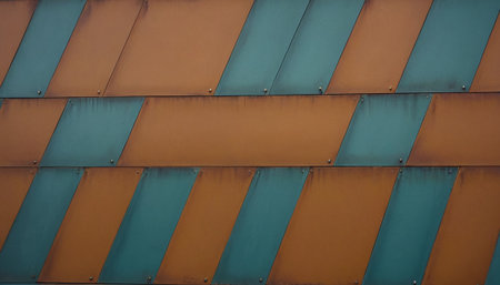 Orange and blue corrugated metal roof texture, industrial background.の素材