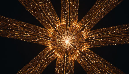 christmas tree decoration with golden lights on black background - abstract photoの素材