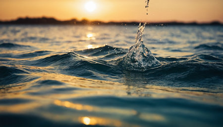 Splashes of water on a background of the setting sun in the sea.の素材