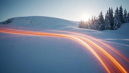Snowy winter landscape with a car on the road in the mountainsの素材