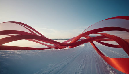 Curved red ribbons in the snow at sunset. Beautiful winter landscape.の素材