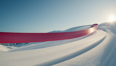 Red ribbon on a ski slope with sun rays in the background.の素材
