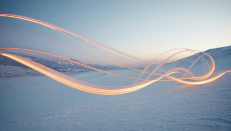 Fantastic winter landscape. Dramatic sky with glowing lines.の素材