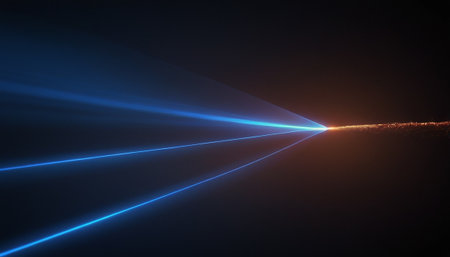 3d render of blue laser beam on black background. Laser rays in the dark.の素材