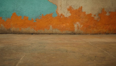 Old grunge concrete wall with orange and blue paint. Abstract backgroundの素材