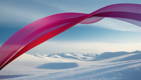 Pink ribbon on the background of winter landscape. 3d illustration.の素材