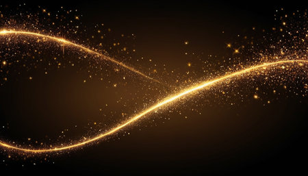 Abstract golden lines with sparkles on dark background. Vector illustration.の素材