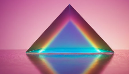 Colorful crystal pyramid on a pink background. 3d rendering.の素材