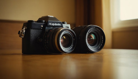 Canon EOS 50mm f/2.8 with lens on wooden tableの素材