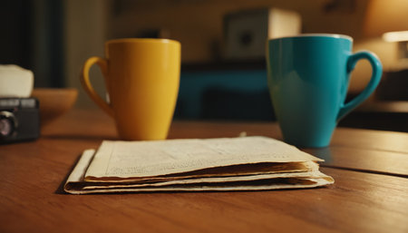 Coffee cup and newspaper on the table in the morning.の素材