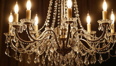 Beautiful crystal chandelier with candles on dark background, closeupの素材