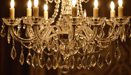 Crystal chandelier with burning candles in the dark. Selective focus.の素材
