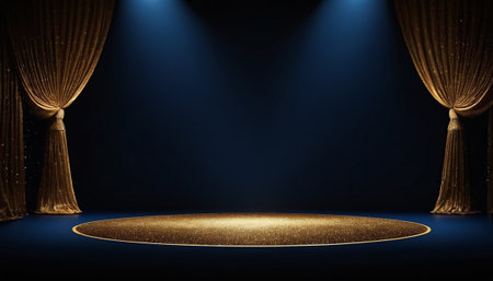 Theater stage with blue curtain and spotlights. 3d renderの素材