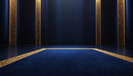 3d rendering of a stage with a blue background and golden linesの素材