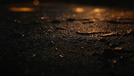 Raindrops on the asphalt at night. Selective focus. Shallow depth of field.の素材