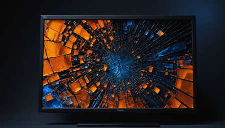 Broken LCD monitor with broken screen on black background. Television repair concept.の素材