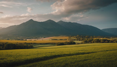 Beautiful summer landscape with meadow and mountains in the background.の素材