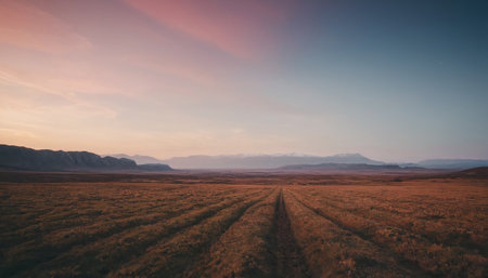 Sunset over a field in the steppes of Mongolia.の素材