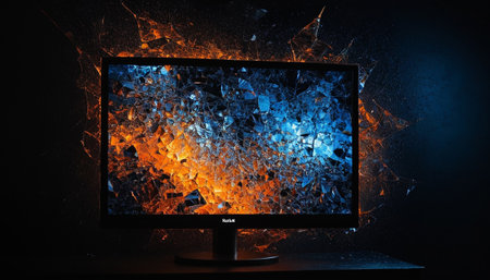 Computer monitor with broken screen on dark background. 3D rendering.の素材