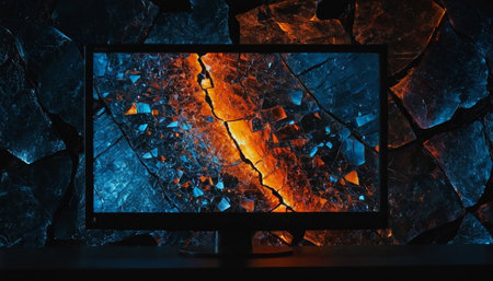 Computer monitor with broken glass on a dark background. Close-up.の素材
