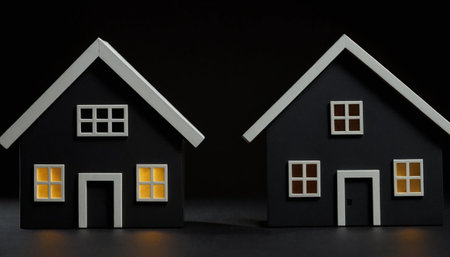 Black and white miniature houses on black background. 3D rendering.の素材