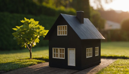Miniature house model and tree in garden. Real estate concept.の素材