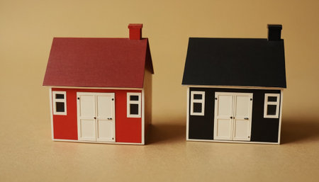 House model with red and black color on brown background. Real estate concept.の素材