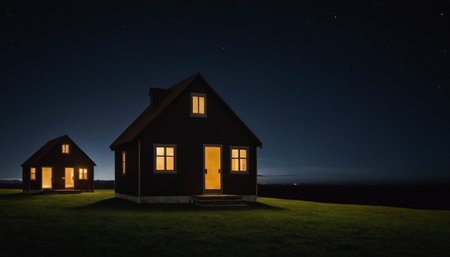 Night view of a small house in the countryside with a long exposureの素材