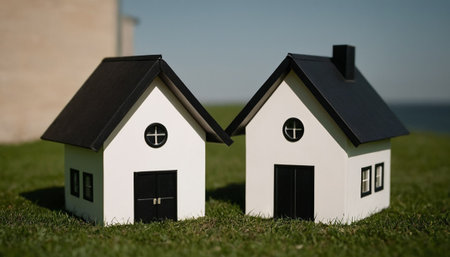 Miniature model of a house on green grass with blue sky backgroundの素材