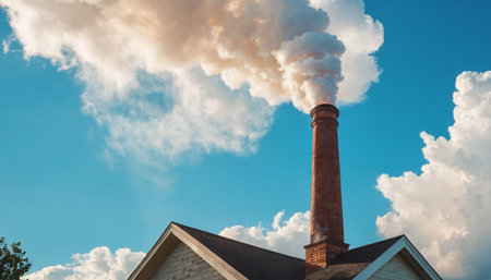Smoke from the chimney of a residential building against the blue skyの素材
