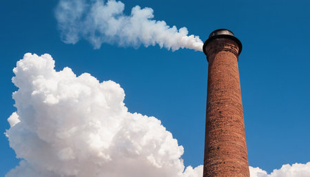 Smoke from the chimney of an old factory on blue sky backgroundの素材