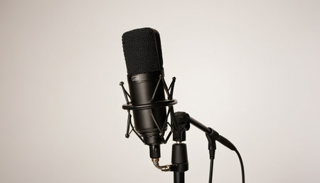Microphone on a stand on a white background, close-upの素材
