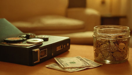 Money in a glass jar on the background of a sofa and a cameraの素材