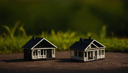 Miniature house model with green grass background. Real estate concept.の素材