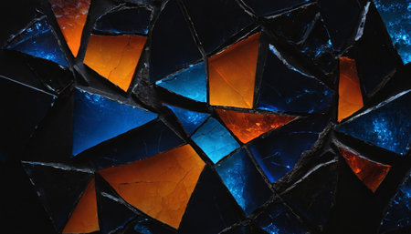 Broken glass with colorful pattern on dark background. Close-upの素材