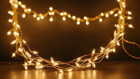 Christmas garland lights on dark background. Glowing christmas lightsの素材