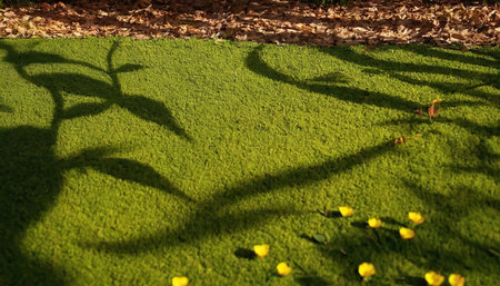The shadow of the tree on the green grass with yellow flowers.の素材
