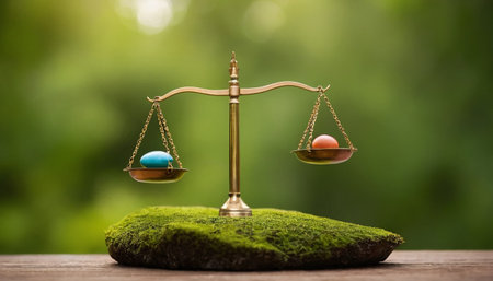 Easter eggs on the scales with green moss and bokeh backgroundの素材