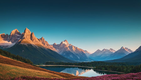 Beautiful alpine lake in the mountains at sunrise. Panoramic view.の素材