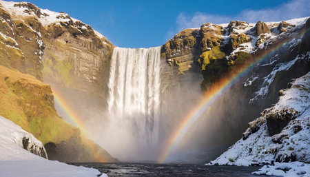 Iceland - Skogafoss waterfall in winter with a rainbowの素材
