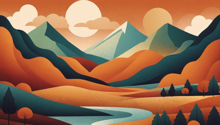 Autumn landscape with river, mountains and forest. Vector illustration.の素材