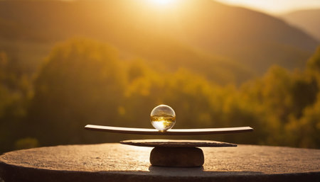crystal ball on the table in the sunset light with mountain backgroundの素材