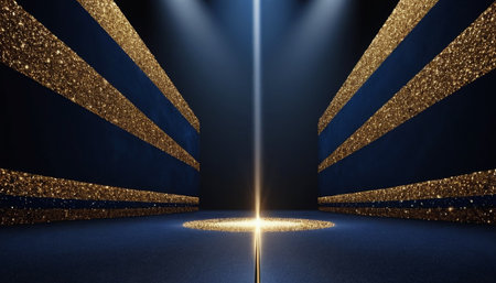 3d rendering of empty stage with blue wall and spotlights.の素材